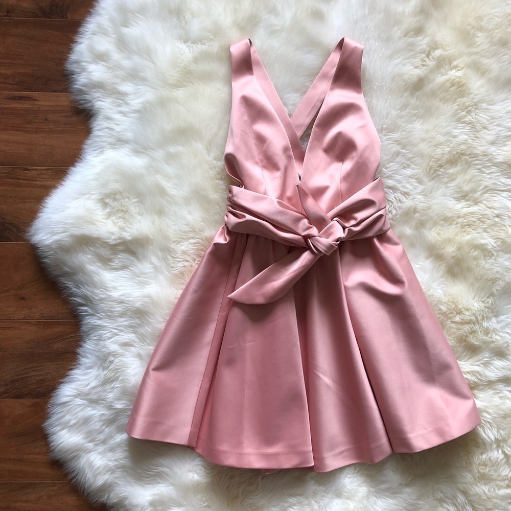 Rachel Zoe Beck Tie-Waist Rose Pink Mini Dress Open Back Babydoll V-Neck